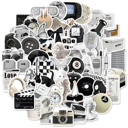 Black and white PVC sticker collection with 61 pieces for laptop and device customisation and protection