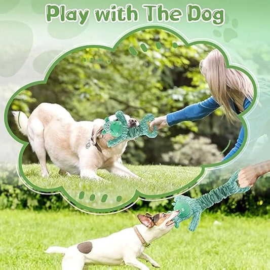 Large plush squeaky dog toy with telescopic body, crinkle paper, and handle for tug-of-war play