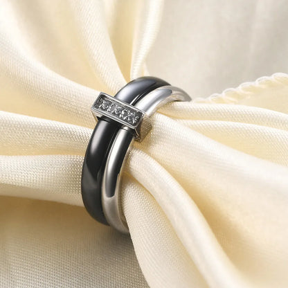 Glossy stitching inlaid zirconium ceramic 6mm ring in geometric design with electroplated finish