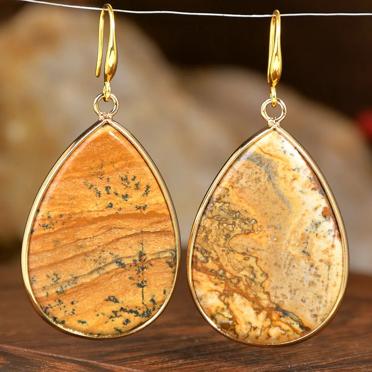 Women's retro natural stone drop earrings showing amethyst and green aventurine colour options on electroplated settings.