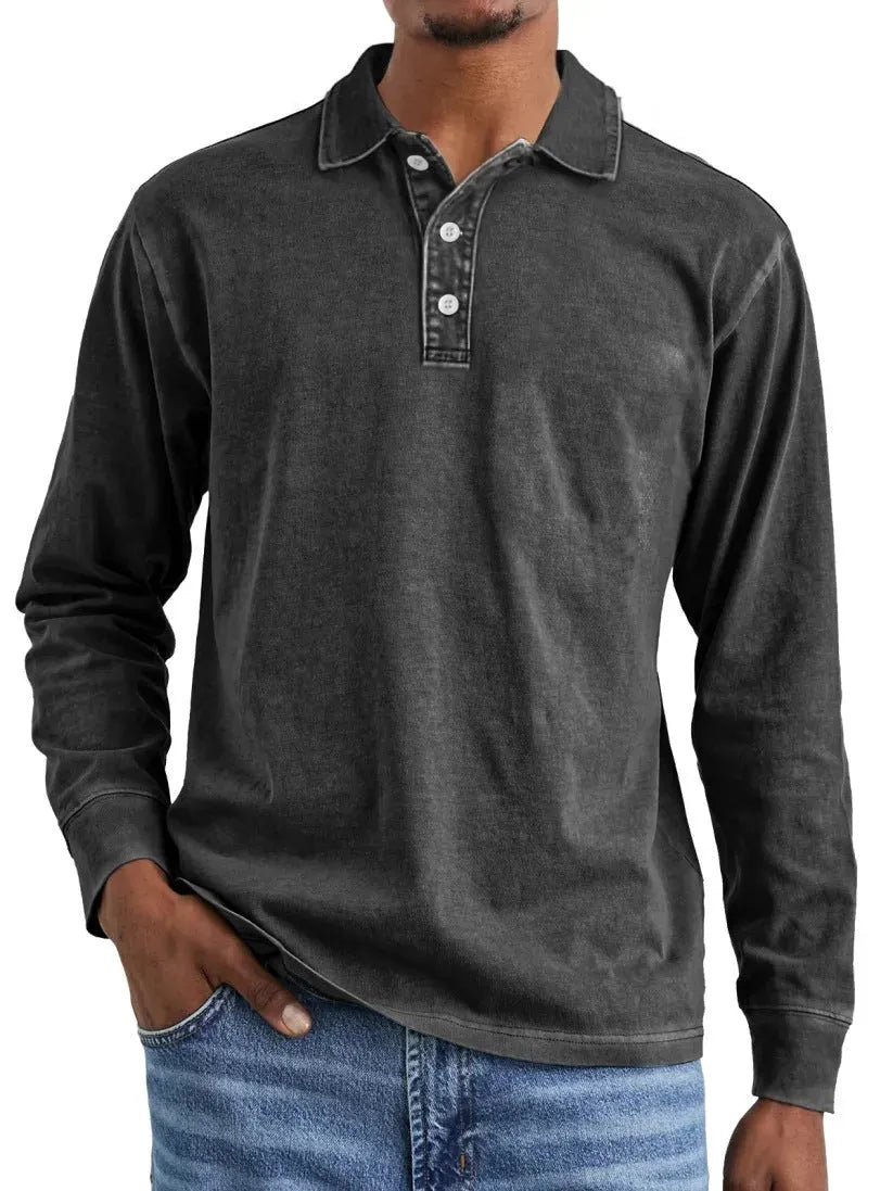 Retro washed distressed cotton lapel long sleeve polo shirt in various colours and sizes