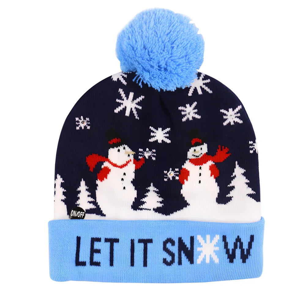 Christmas LED knitted hat with built-in lights showing flexible sizing and integrated illumination system