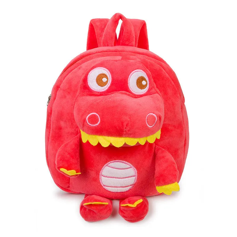 Soft blue dinosaur plush backpack with embroidery detail and a soft handle.