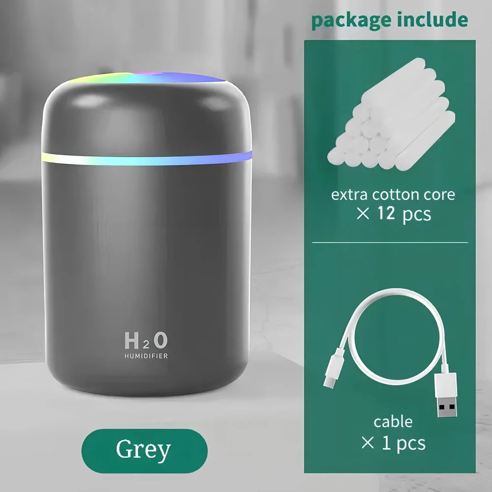 Compact USB car humidifier with colourful LED light and 300ml water tank for vehicle use