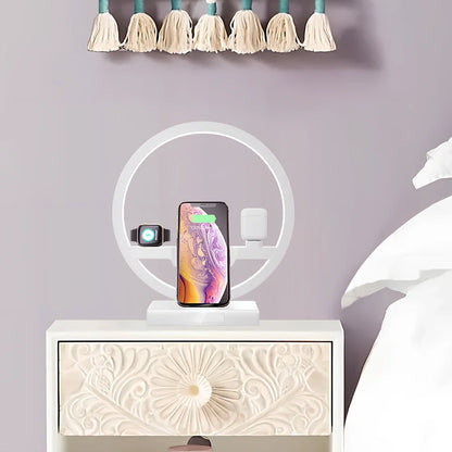 3-in-1 wireless charging station with table lamp charging phone, watch, and headset simultaneously