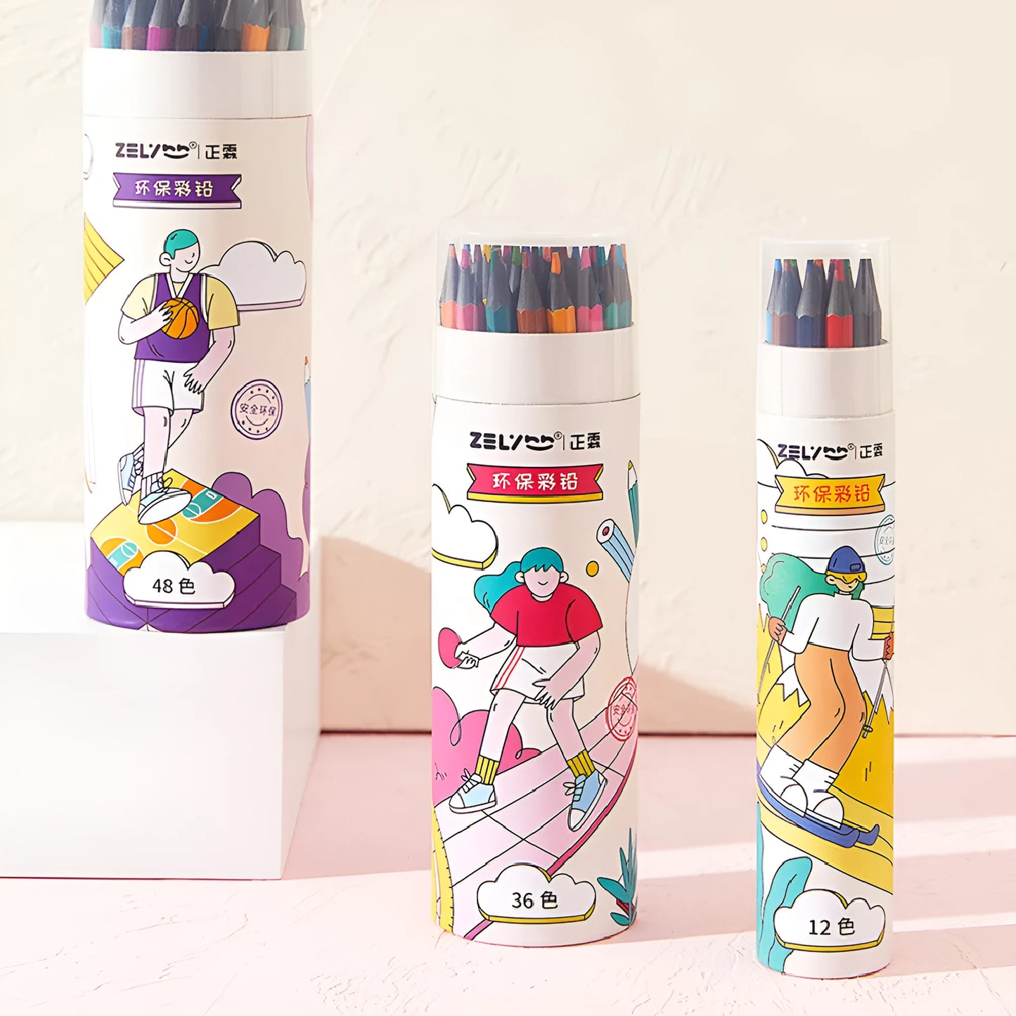 Zhenglin sports colour pencils for children showing paper barrel construction with multiple colour leads