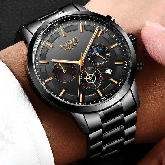 Men's waterproof quartz sports watch with moon display in black and rose red gold