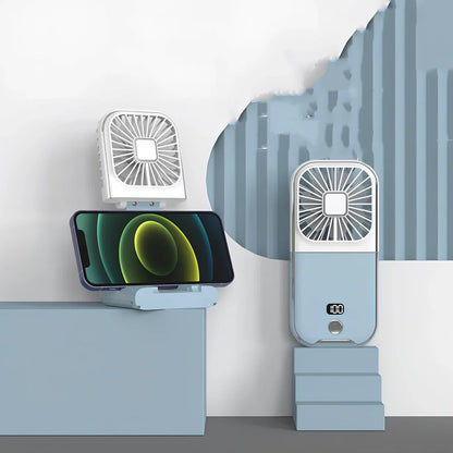 F30Pro folding portable handheld fan in white with digital display, 169x81x20mm size, USB charging, plastic blades for cooling