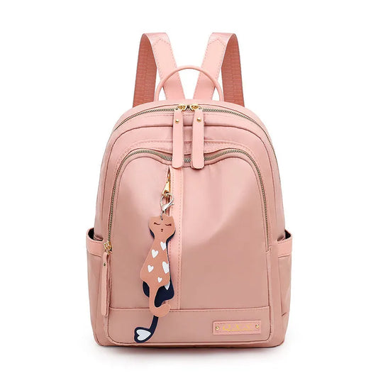 Black square vertical nylon backpack with double shoulder straps showing multiple compartments and anti-theft features