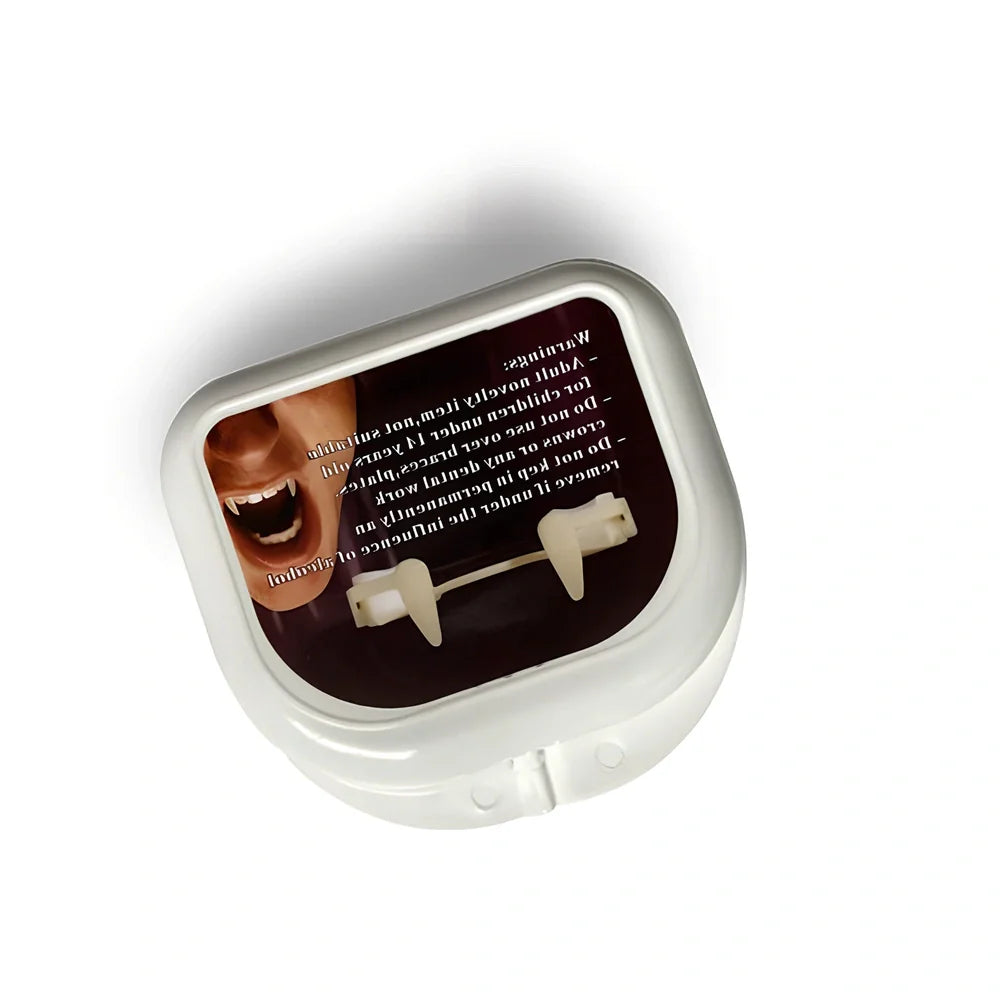 Retractable vampire teeth showing extended 2cm fangs with spring mechanism
