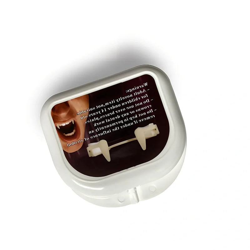 Halloween cosplay retractable vampire teeth with spring-loaded mechanism for realistic fang extension, handmade plastic construction with adjustable fit for comfortable wear during parties and events