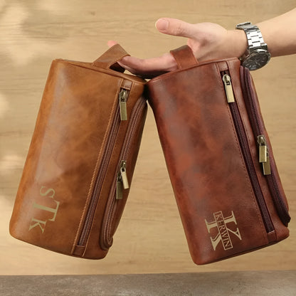 Men's leather-look PU toiletry bag shown in black, brown, dark brown, and light brown colour options.