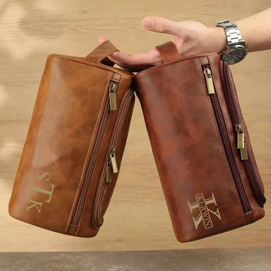 Men's leather-look PU toiletry bag shown in black, brown, dark brown, and light brown colour options.