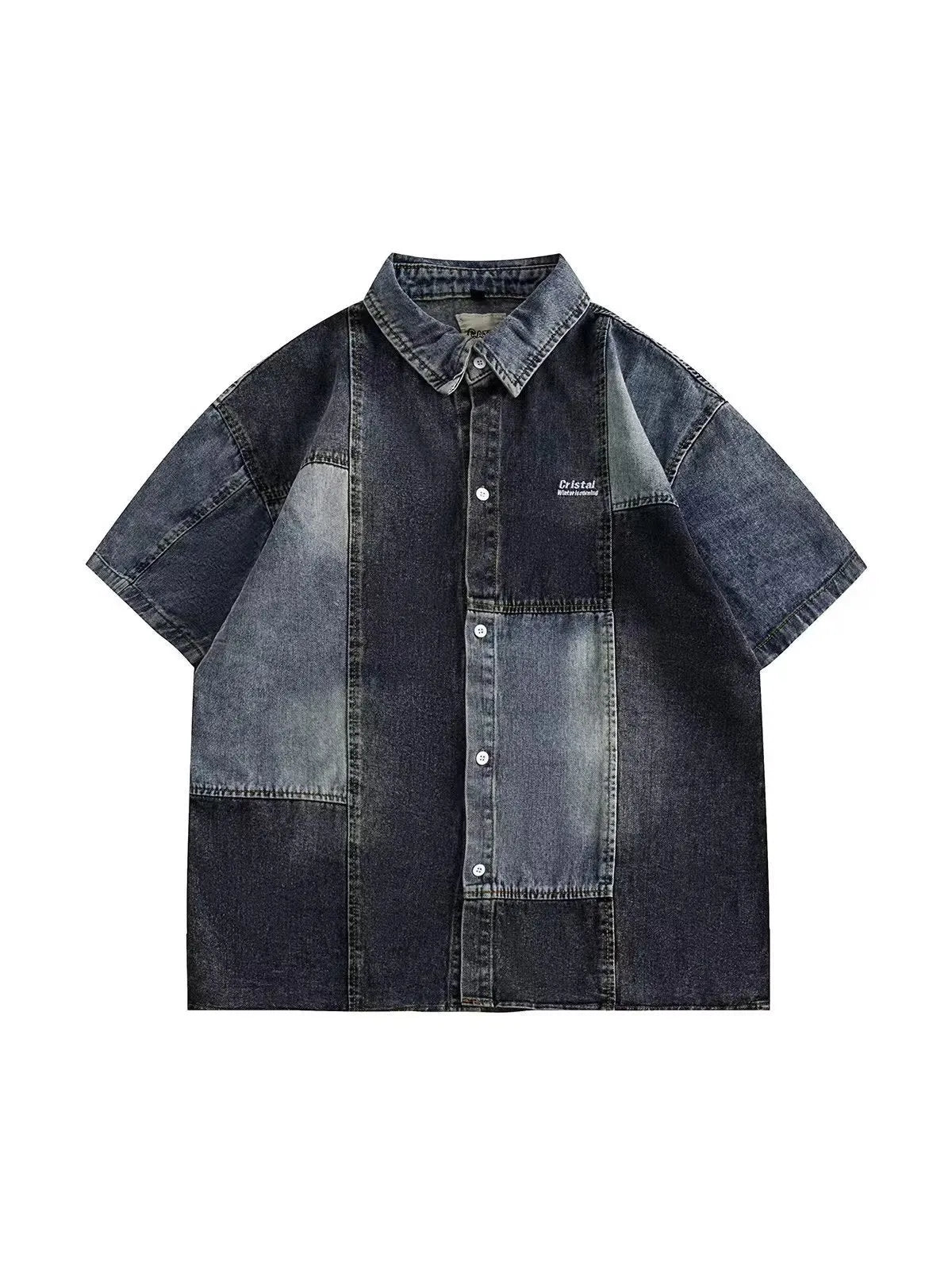 Blue Japanese-style loose fit denim cardigan shirt for men with retro washed finish.