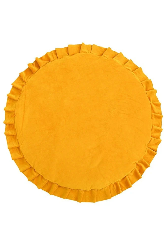 Circular baby play mat with lace border showing 2cm thickness measurement