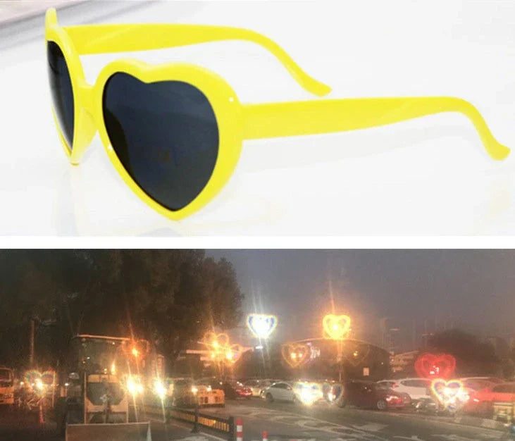 Stylish heart-shaped lighting sunglasses with a plastic frame and resin lenses, creating a mesmerizing effect for romantic occasions