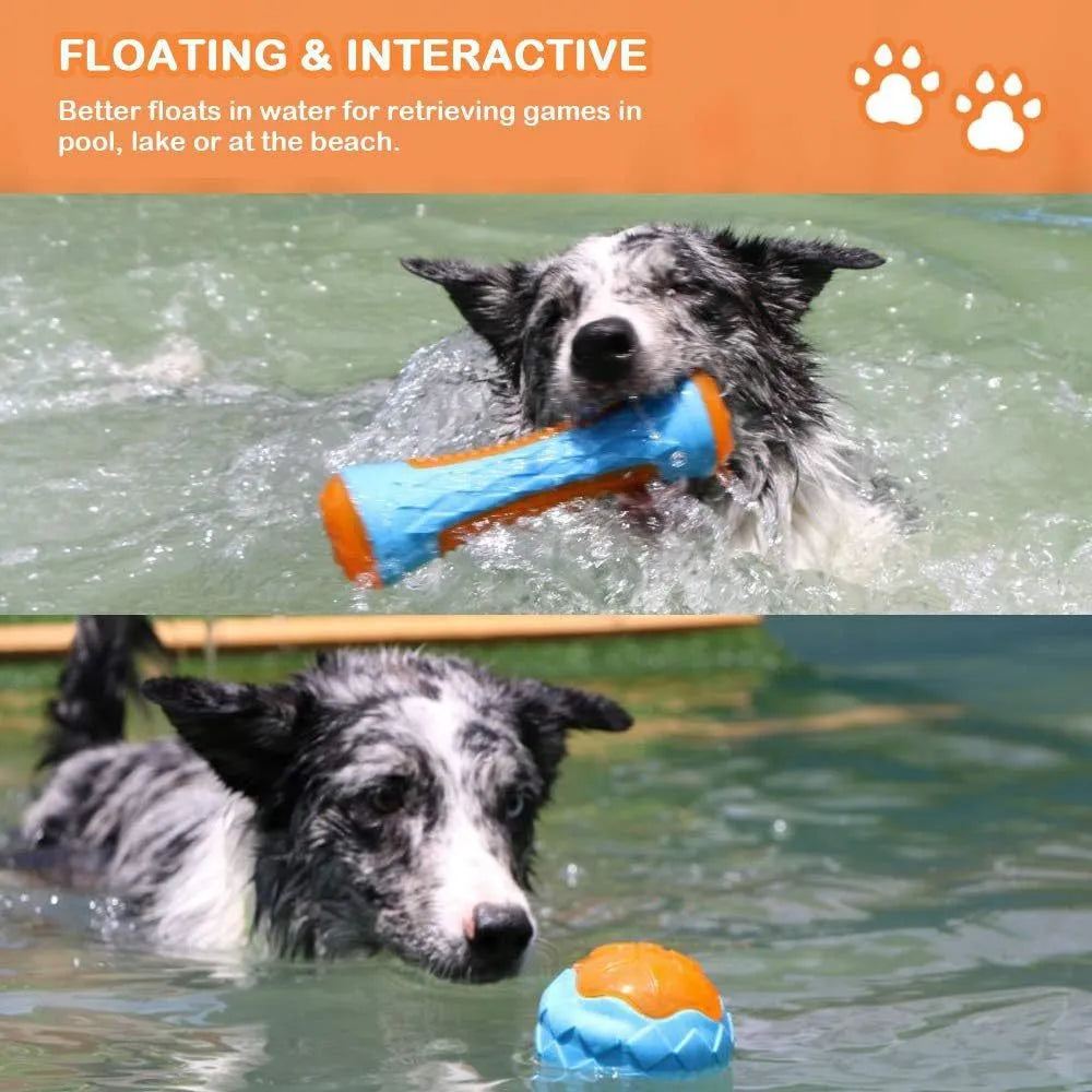 Three dog toys: blue ball, red barbell, and orange tire with bumpy textures for floating fetch games