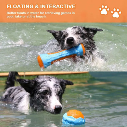 Three dog toys: blue ball, red barbell, and orange tire with bumpy textures for floating fetch games
