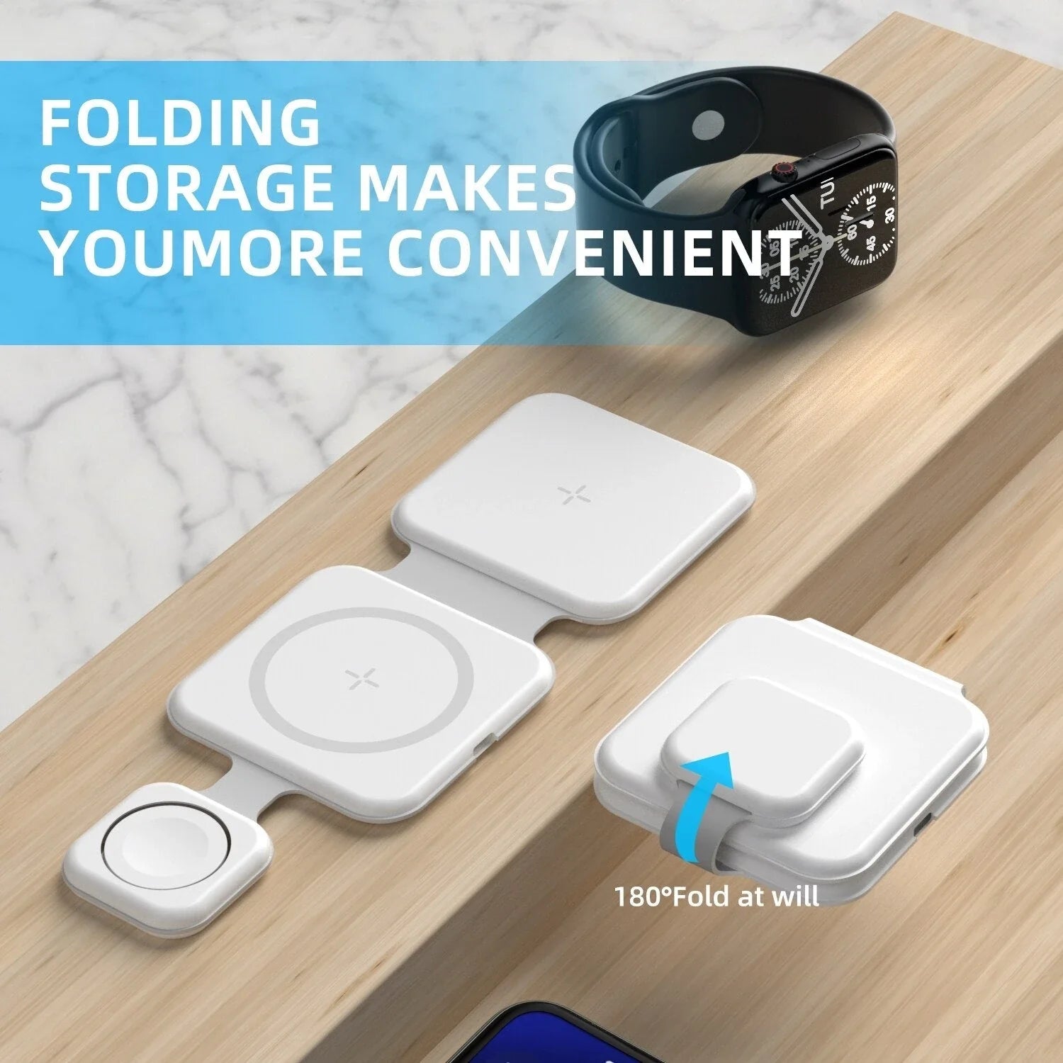 A foldable 3-in-1 wireless charging station with magnetic alignment that can simultaneously charge a phone, smartwatch, and wireless headphones
