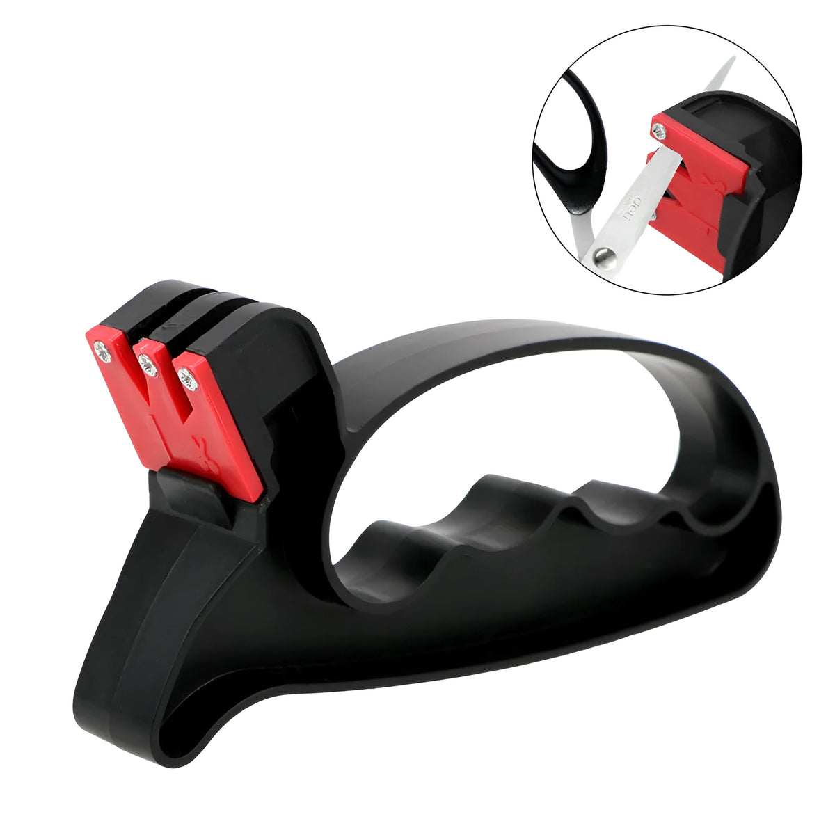 Black handheld knife and scissor sharpener tool with tungsten steel blade measuring 140mm
