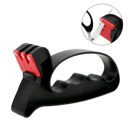 Black handheld knife and scissor sharpener tool with tungsten steel blade measuring 140mm