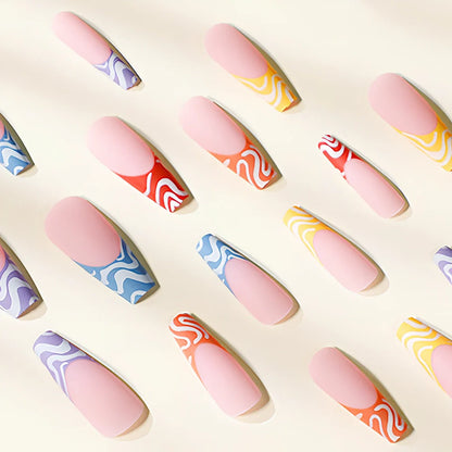 Rainbow Wave fake nails with iridescent wave pattern nail stickers showing colour shifting effects