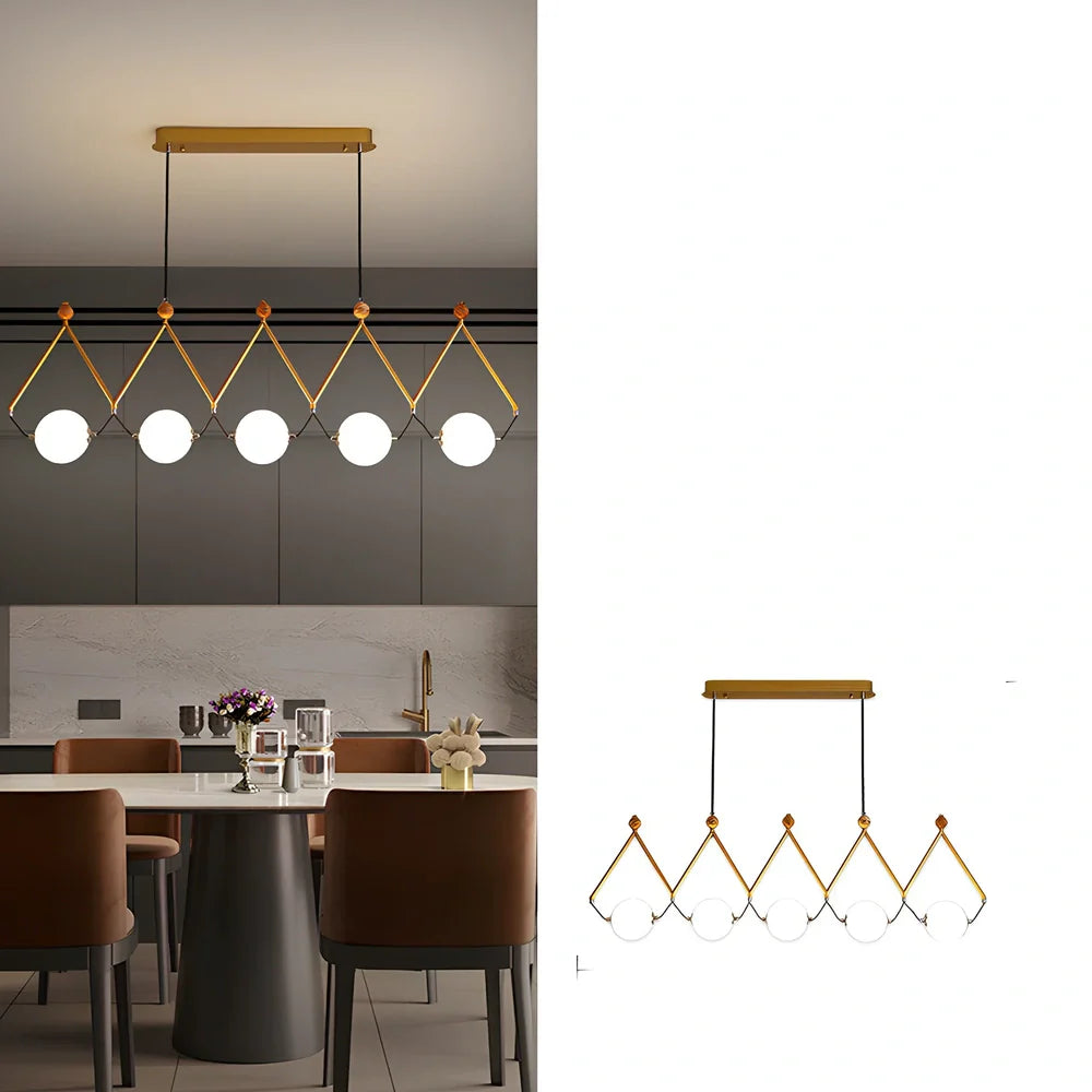 Multi-head LED pendant lamp with glass shades in black or gold, measuring 45-120cm diameter
