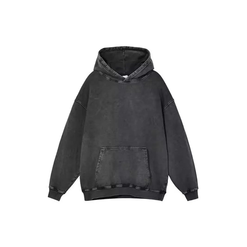 Men's Batik Cotton Hoodie in a loose retro pullover style with a collarless design and long drop-shoulder sleeves, available in washed brown, black, or grey colour options across M, L, XL, XXL, and XXXL sizes.