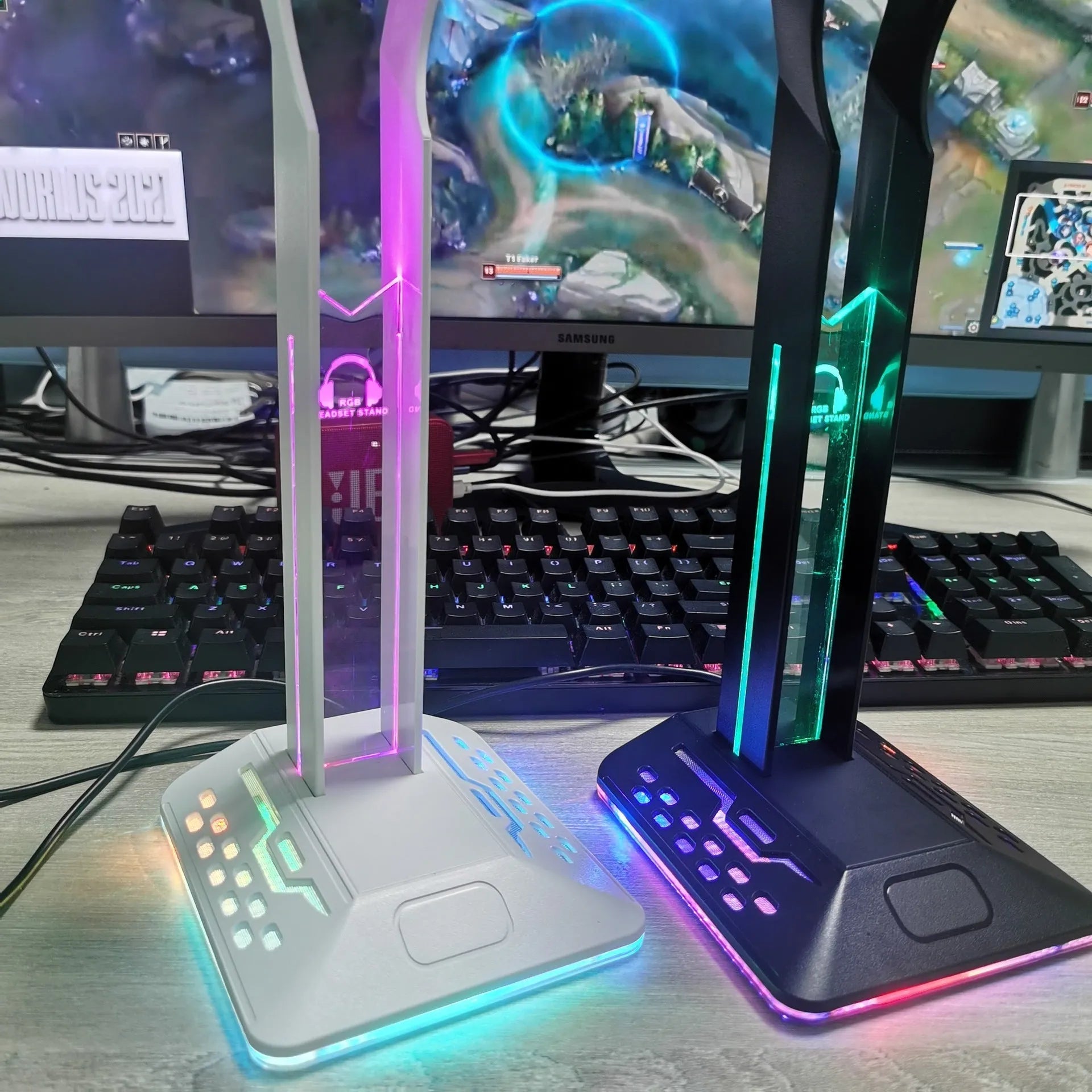 RGB headphone bracket with dual USB ports and colour changing LED lighting on acrylic stand