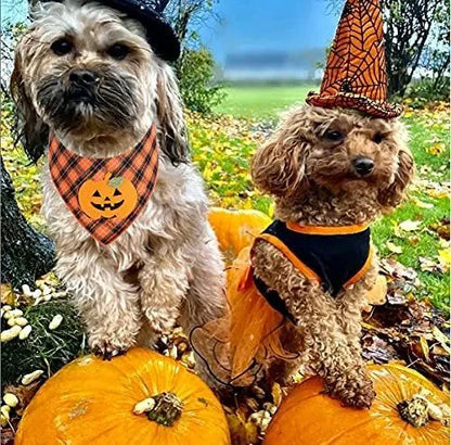 Orange plaid Halloween dog bandana with white skeleton and pumpkin felt appliques