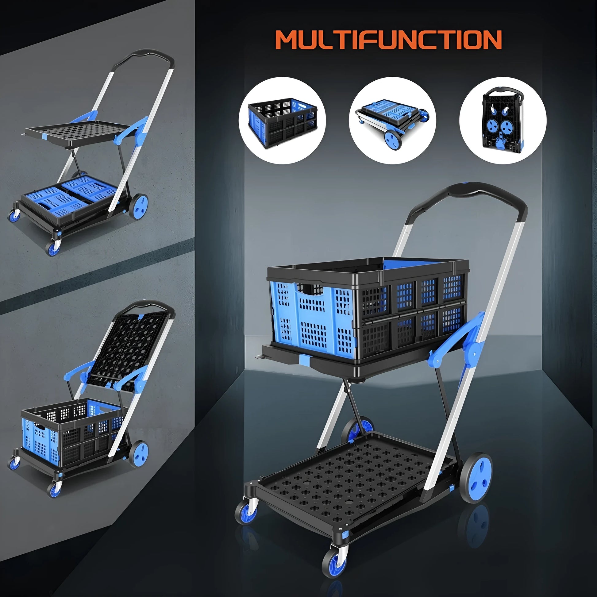 Blue foldable shopping cart with a double-layer plastic basket standing upright.