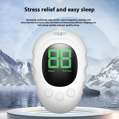 Silicone sleep aid hand grip in white, black, and green colours with sleep monitor and charging cable
