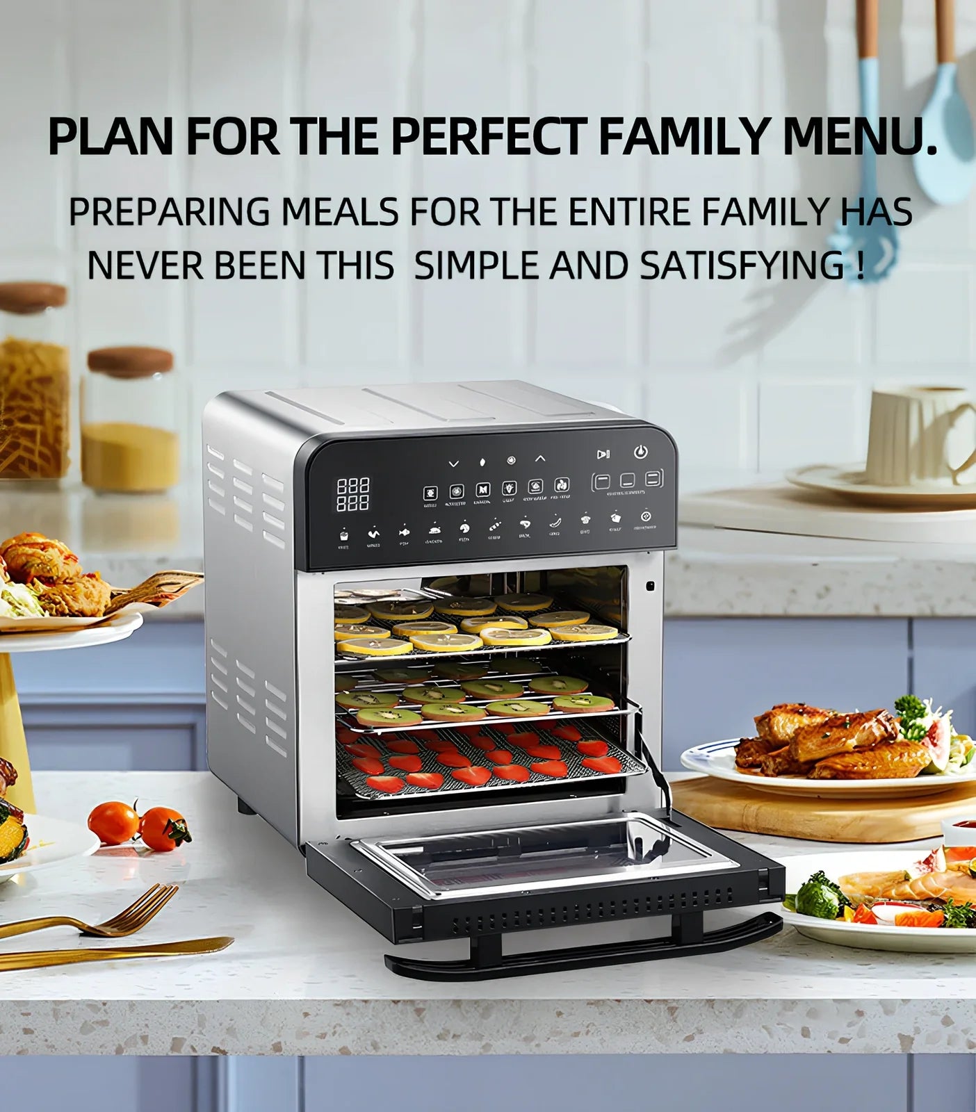 White 15L stainless steel air oven with touch panel, 1700W heating, 33cm x 37cm x 38cm dimensions