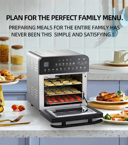 White 15L stainless steel air oven with touch panel, 1700W heating, 33cm x 37cm x 38cm dimensions