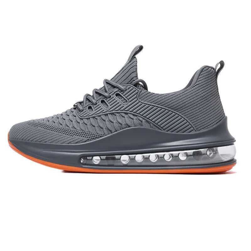 Men's black low-top mesh running shoes with lace-up front and platform sole.