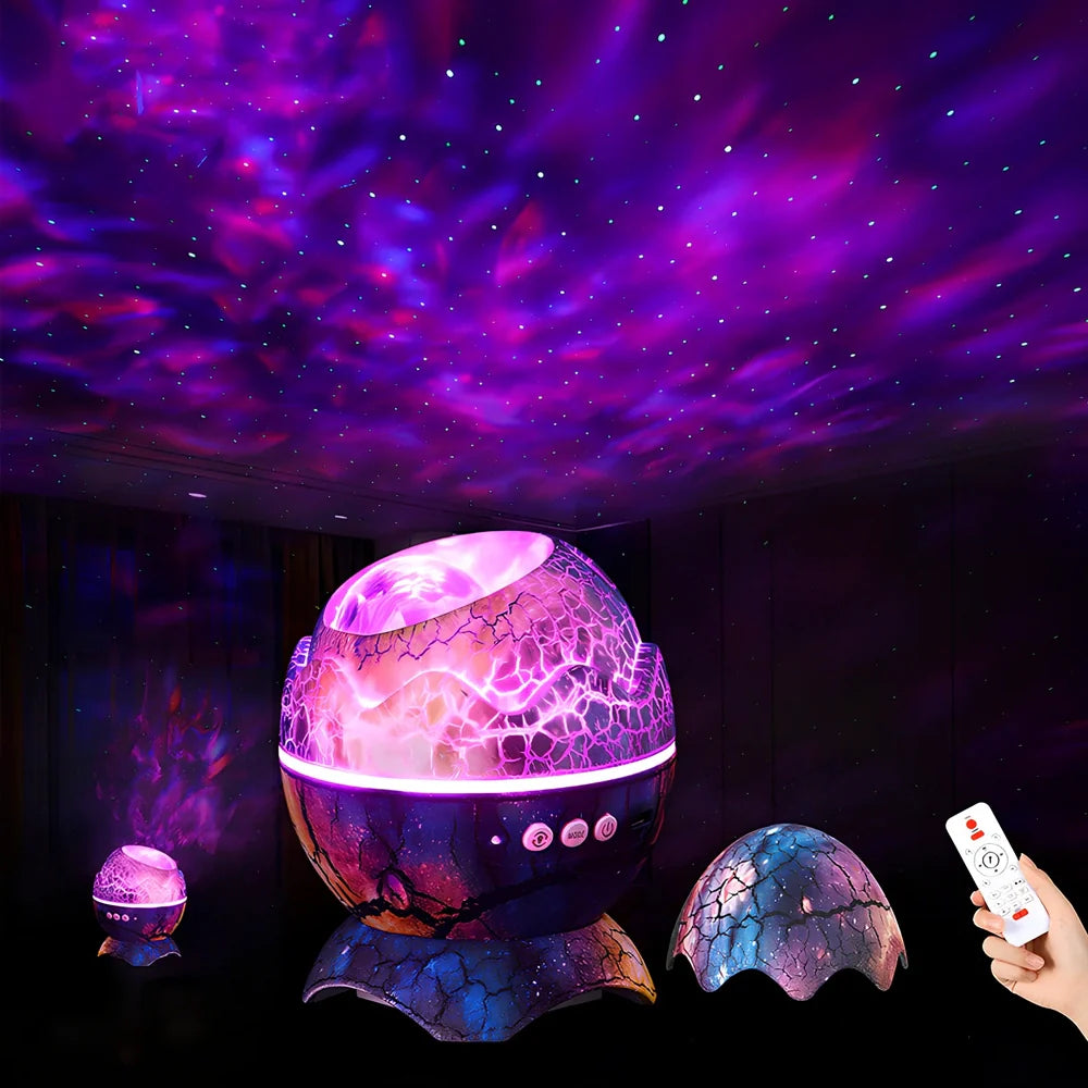 LED dinosaur egg projection lamp showing galaxy patterns with 12×14mm dimensions and multiple colour options