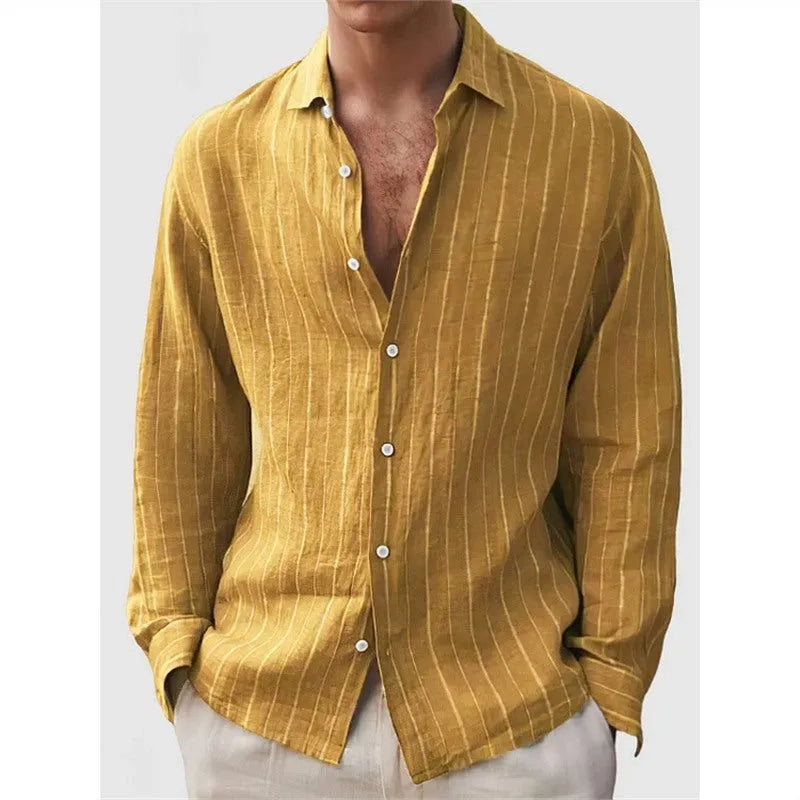 Man wearing a loose striped cardigan-style shirt with short sleeves.