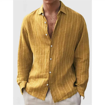 Man wearing a loose striped cardigan-style shirt with short sleeves.