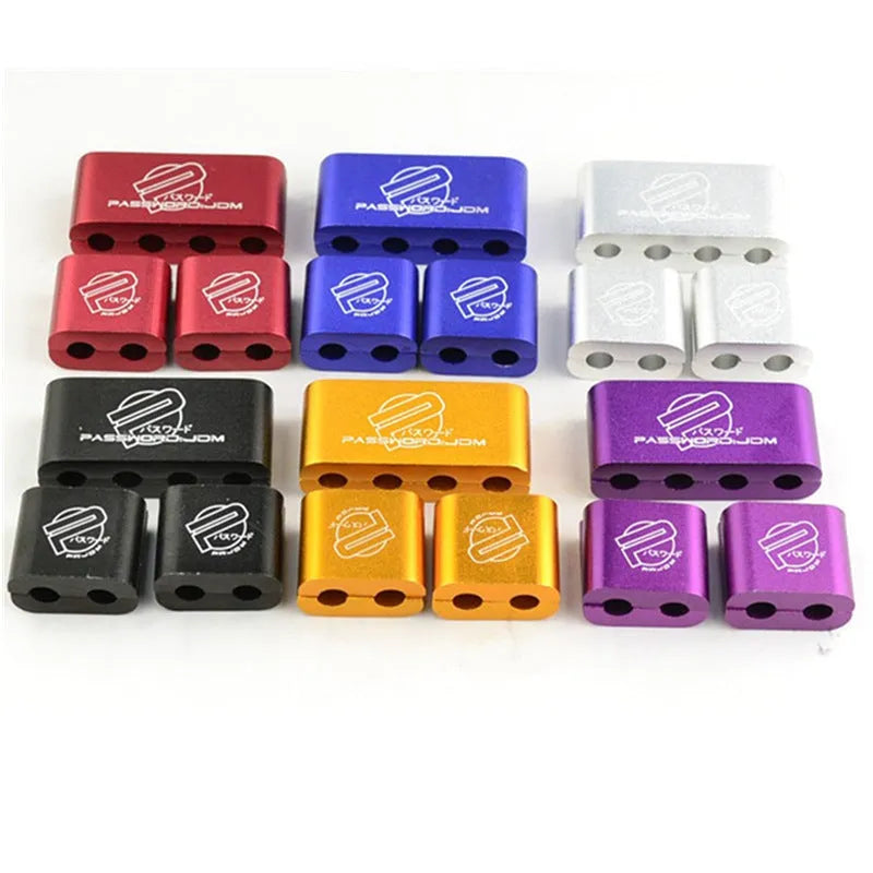Three-piece metal car fastening clamp shown in six colour options: red, blue, silver, black, purple, gold.
