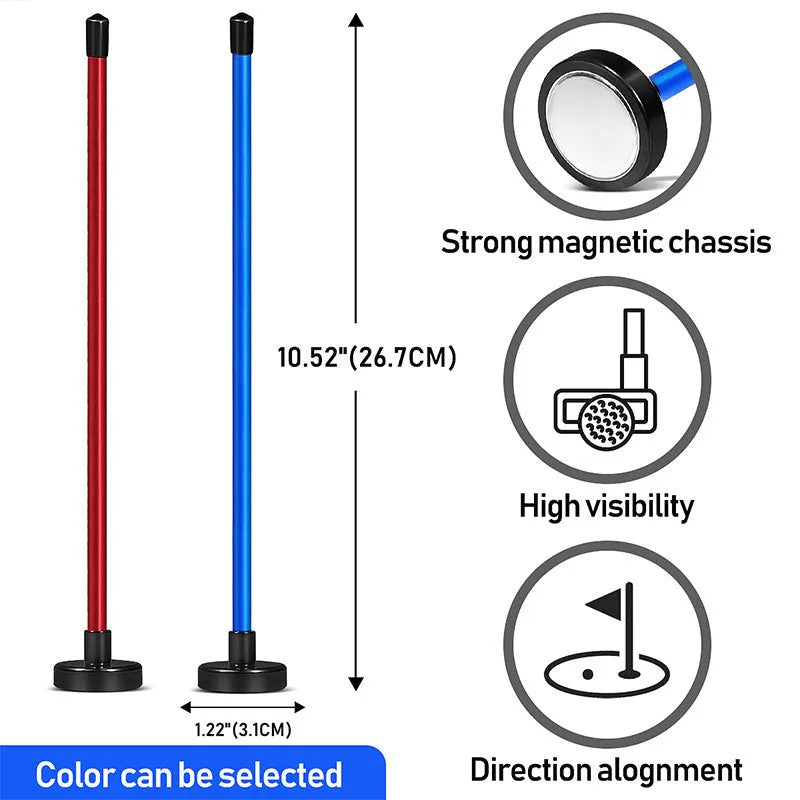 Red anodised aluminium golf swing trainer with magnetic indicator clipped onto a club shaft