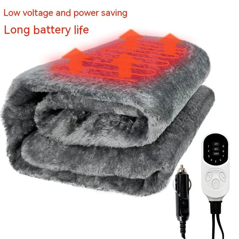 Grey 12V car electric blanket with cigarette lighter plug for knee and leg warmth