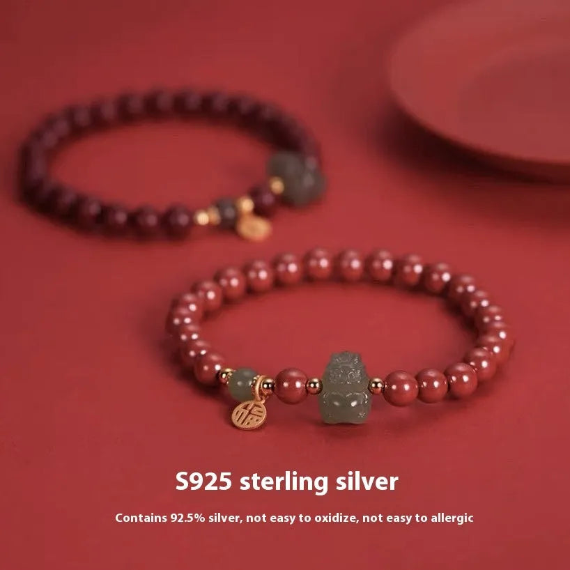 Hand-made natural Hetian Jade bracelet with 8mm beads in Emperor Sandstone or Purple Gold Sand style.