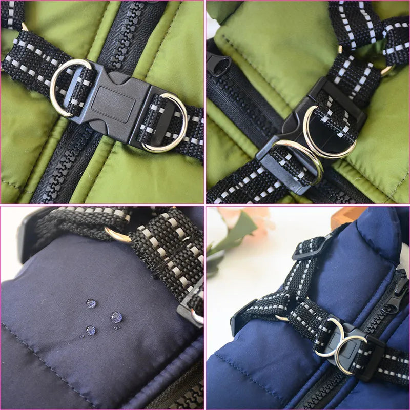 Waterproof dog coat with integrated harness in red colour, sized for medium dog breeds