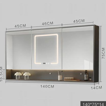 Wall-mounted bathroom mirror cabinet with LED lights and anti-fog technology in solid wood construction