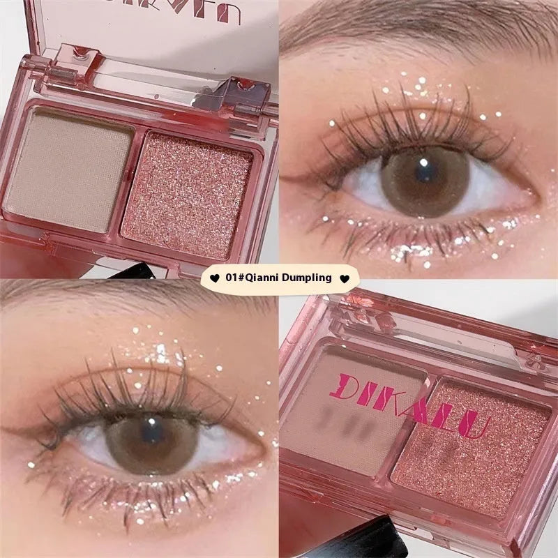 DIKALU two-colour eye shadow compact open, showing a matte and a shimmer shade split down the middle.
