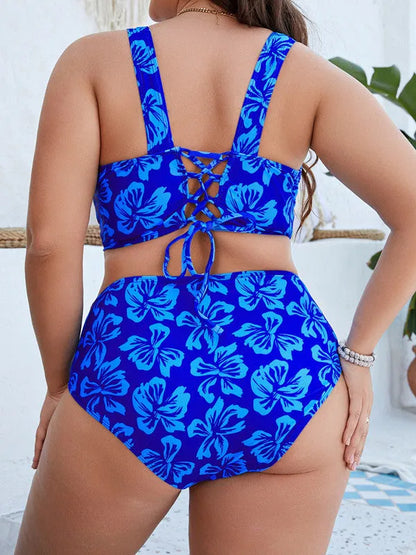 Blue floral print women's split bikini swimsuit with matching pants in plus sizes