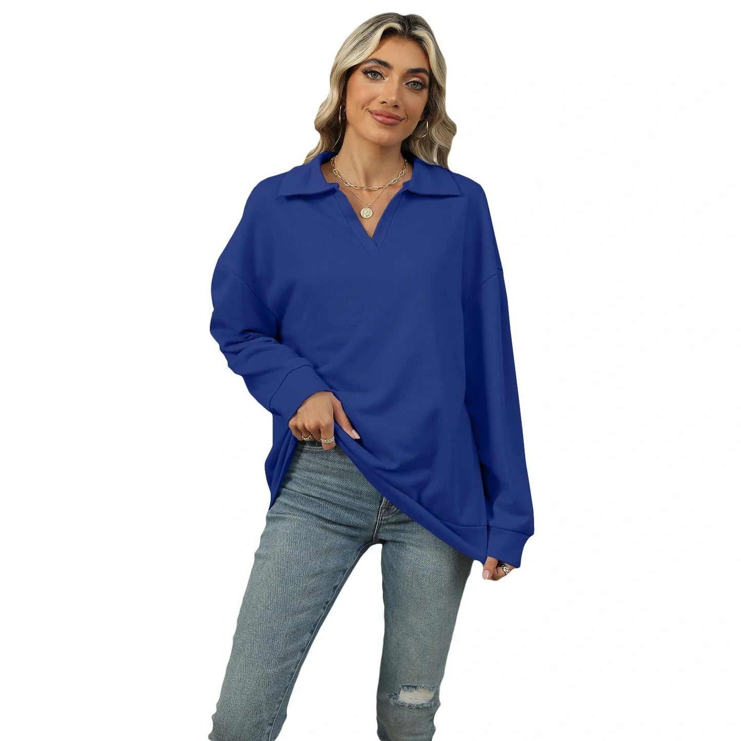 Stylish women's V-neck lapel sweatshirt in various colors