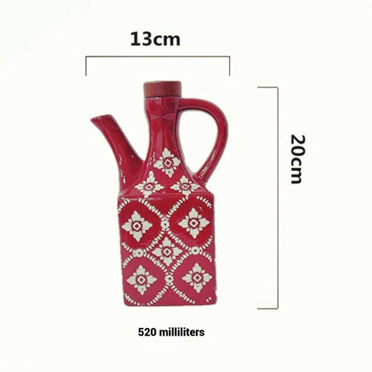 Ceramic oil pot with automatic shut-off, 520ml capacity, printed floral design in blue or wine red