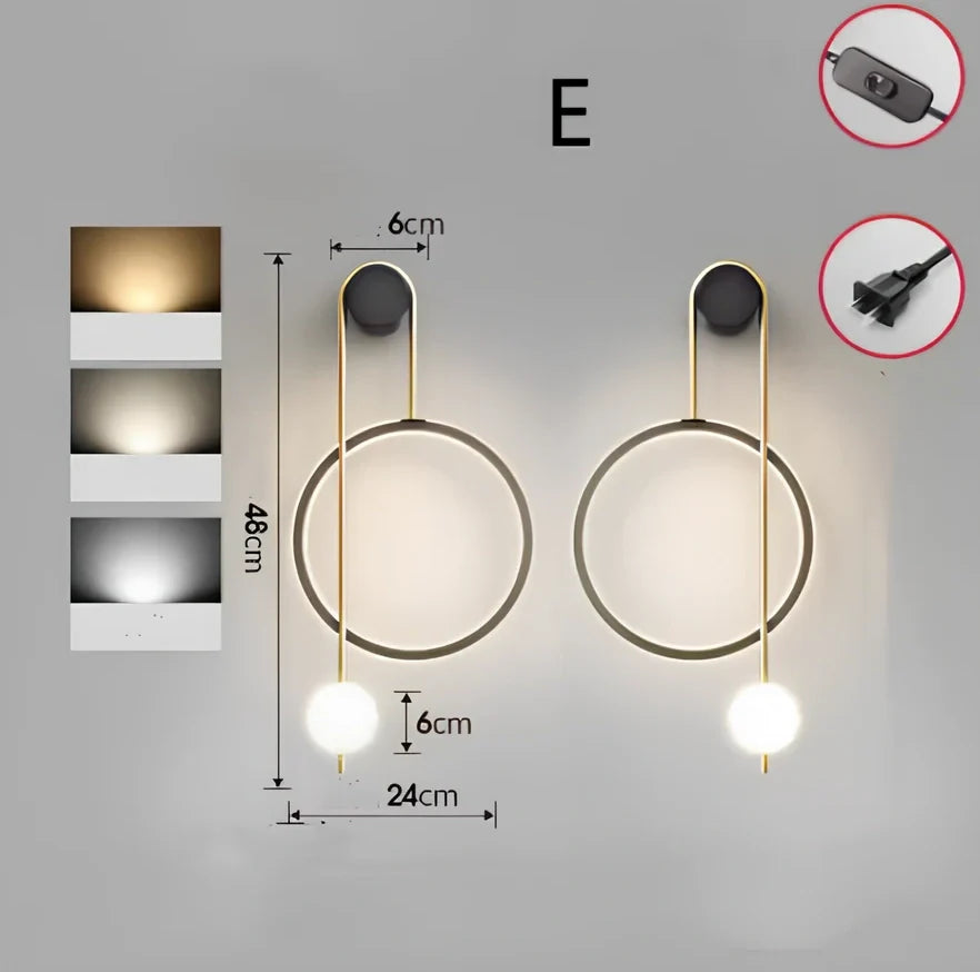 Nordic wall lamp with black gold finish and LED lighting, mounted beside bed with dimming controls