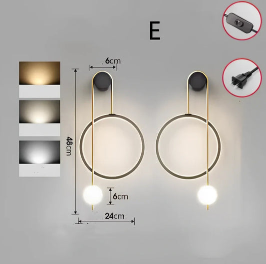 Nordic wall lamp with black gold finish and LED lighting, mounted beside bed with dimming controls